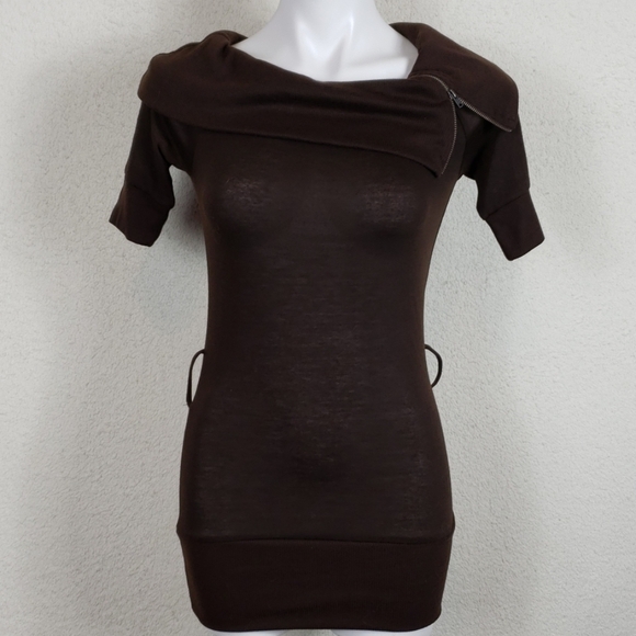 Brown cute cowl neck zip top size small - Picture 2 of 7